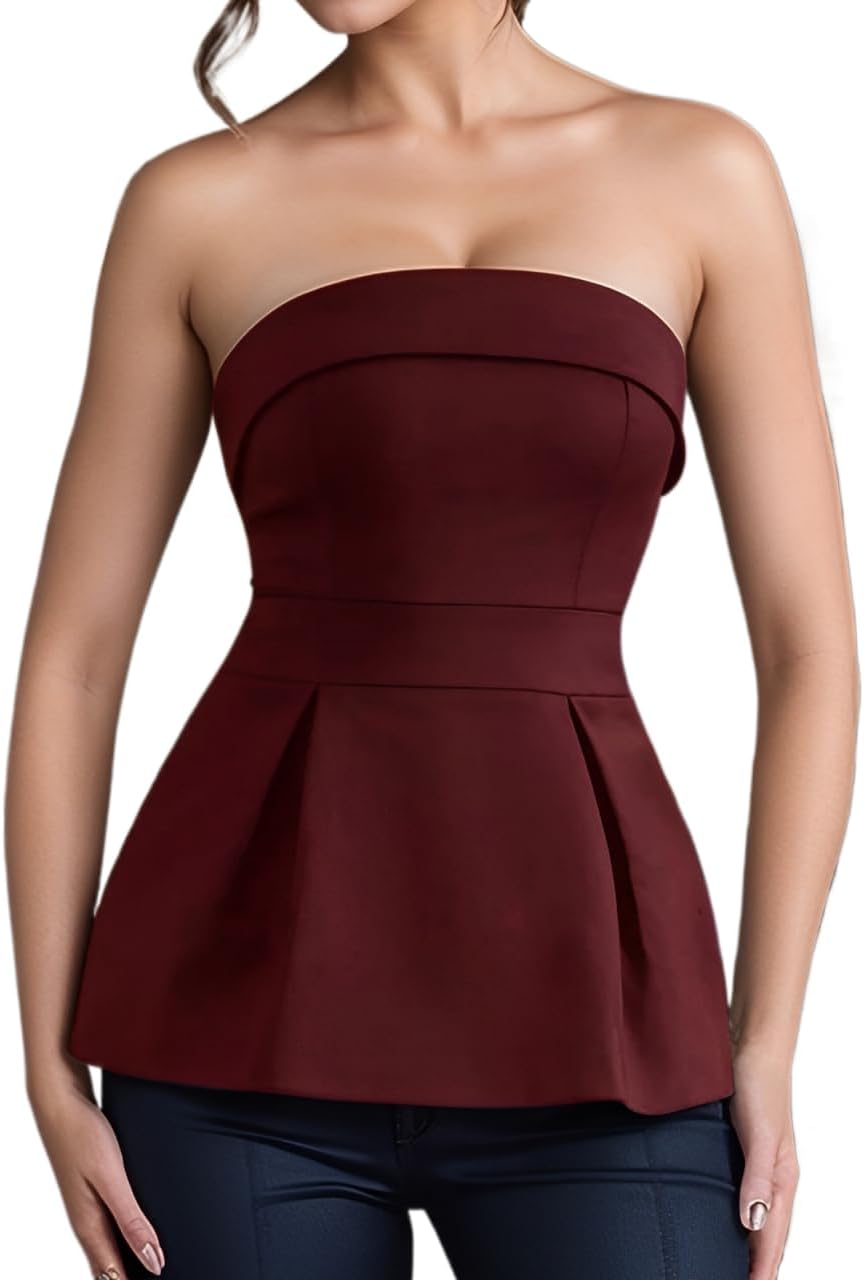 Strapless Tube Top for Women Going Out Y2k Summer Bandeau Top Ruffle Hem Sexy Off The Shoulder Bustier Trendy Tops