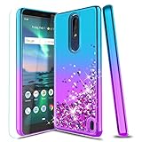 Nokia 3.1 Plus Case,W/[Tempered Glass Screen Protector] Glitter Bling Flowing Liquid Quicksand Waterfall Soft TPU Silicone Non-slip Shockproof Bumper Protective Phone Case for Girls Women,Pink/Purple