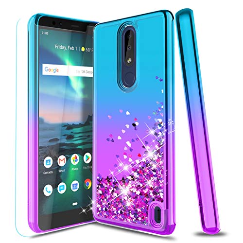 Nokia 3.1 Plus Case,W/[Tempered Glass Screen Protector] Glitter Bling Flowing Liquid Quicksand Waterfall Soft TPU Silicone Non-Slip Shockproof Bumper Protective Phone Case for Girls Women,Teal/Purple…