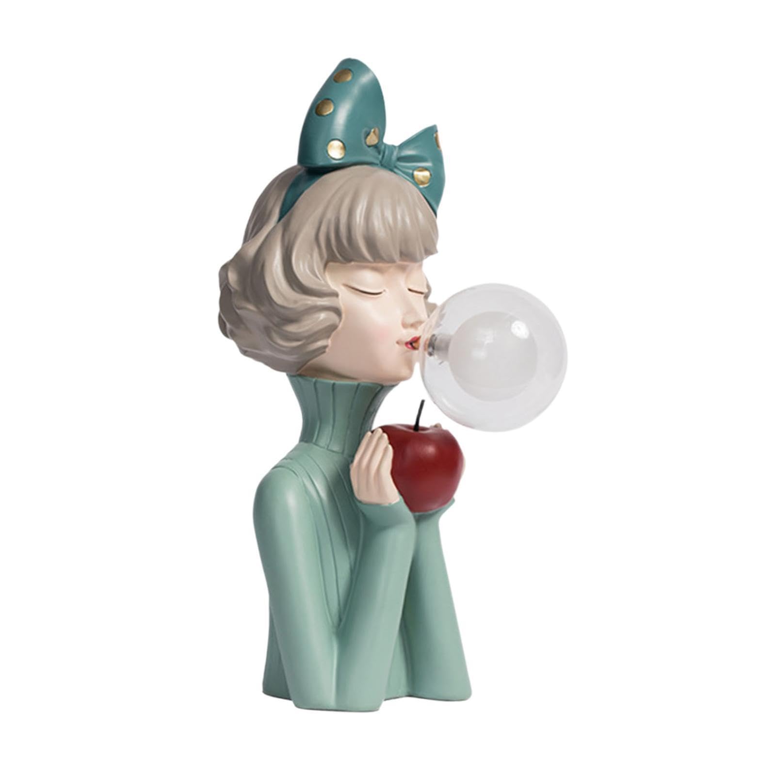 Elegante Lampada da Tavolo in Resina, Luce Notturna Creativa, graziosa Statuetta di Ragazza, Regalo di inaugurazione, Illuminazione per Compleanno, Fiocco Verde, 14x24x36.5 cm