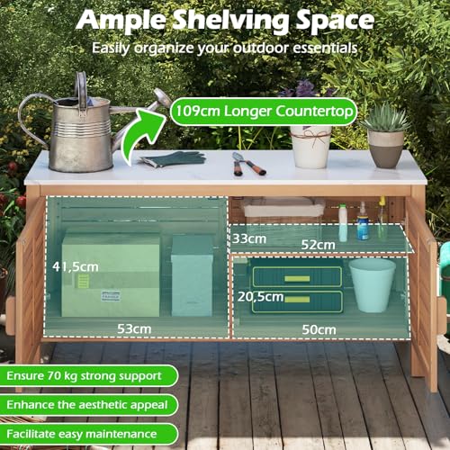 KOMFOTTEU Baúl de Jardín de Madera de Acacia, Caja de Almacenamiento con Doble Puerta y Tapa de Mármol Artificial, Arcón Exterior con Patas Ajustables, Contenedor Organizador para Patio - imagen 4