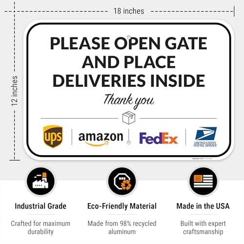 Image of Package Delivery Sign, Delivery Instructions Open Gate and Leave Delivery Inside Sign, 12x18 Inches, Rust Free .063 Aluminum, Fade Resistant, Made in USA
