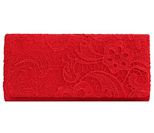 U-Story Women's Elegant Floral Lace Evening Party Clutch Bags Bridal Wedding Purse Handbag (Red)