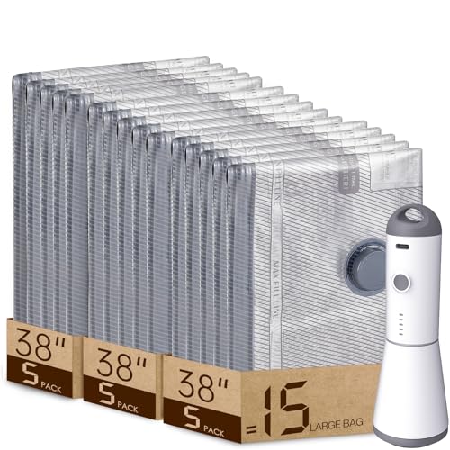 15 Packs Rechargeable Pump Vacuum Bags for Travel Packing, Large Size Vacuum Seal Bags for Luggage and Suitcase Compression, Space Saver for Bedding and Clothing Organization 15 Large Size