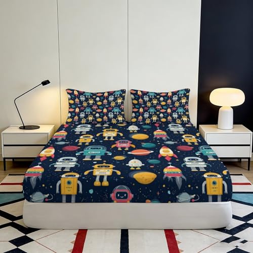 Drap-housse en microfibre douce motif robot spatial 3D avec bonnet 25cm