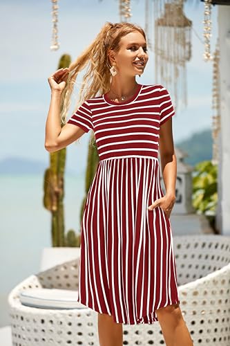 Image of Simier Fariry Women Summer Short Sleeve Modest Casual Tee Shirt Dress Pocket Knit Travel Teacher School Outfit Striped White Red M