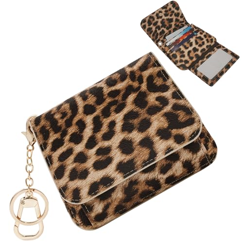 Image of Women Small Wallet RFID Blocking Slim Wallet with Coin Pocket Tri-Fold Credit Card Holder with ID Window and Keychain (Leopard)