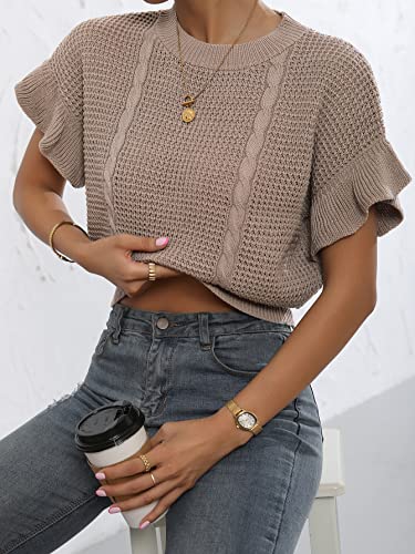 Verdusa Women's Ruffled Short Sleeve Round Neck Knitted Top Pullovers Sweater Khaki S #TOP2