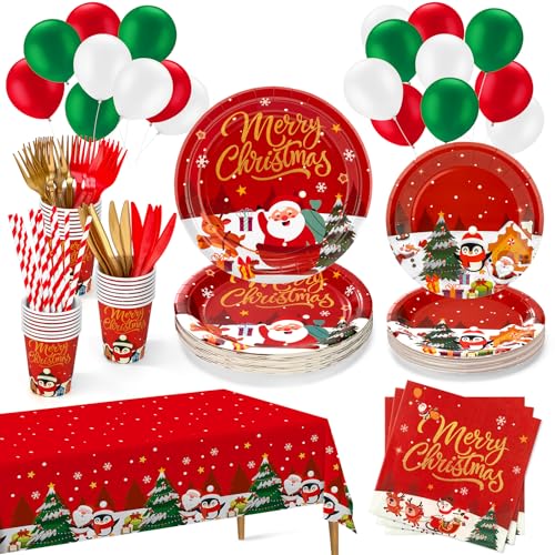 Christmas Plates Disposable Party Set, 189pcs Christmas Party Supplies Includes 9 Christmas Plates Disposable Party Set, 189pcs Christmas Party Supplies Includes 9