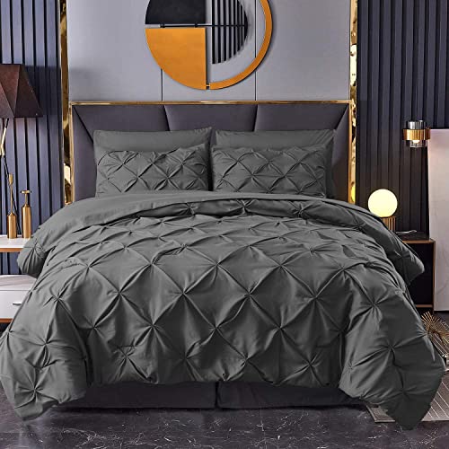 Image of MK Home Textile Pintuck Duvet Cover 3 Piece Pinch Pleat Bedding Sets – 100% Cotton Percale 200 Thread Count Quilt Covers – White/Silver Grey/Charcoal/Pink/Navy Bed Set (Charcoal, Double)