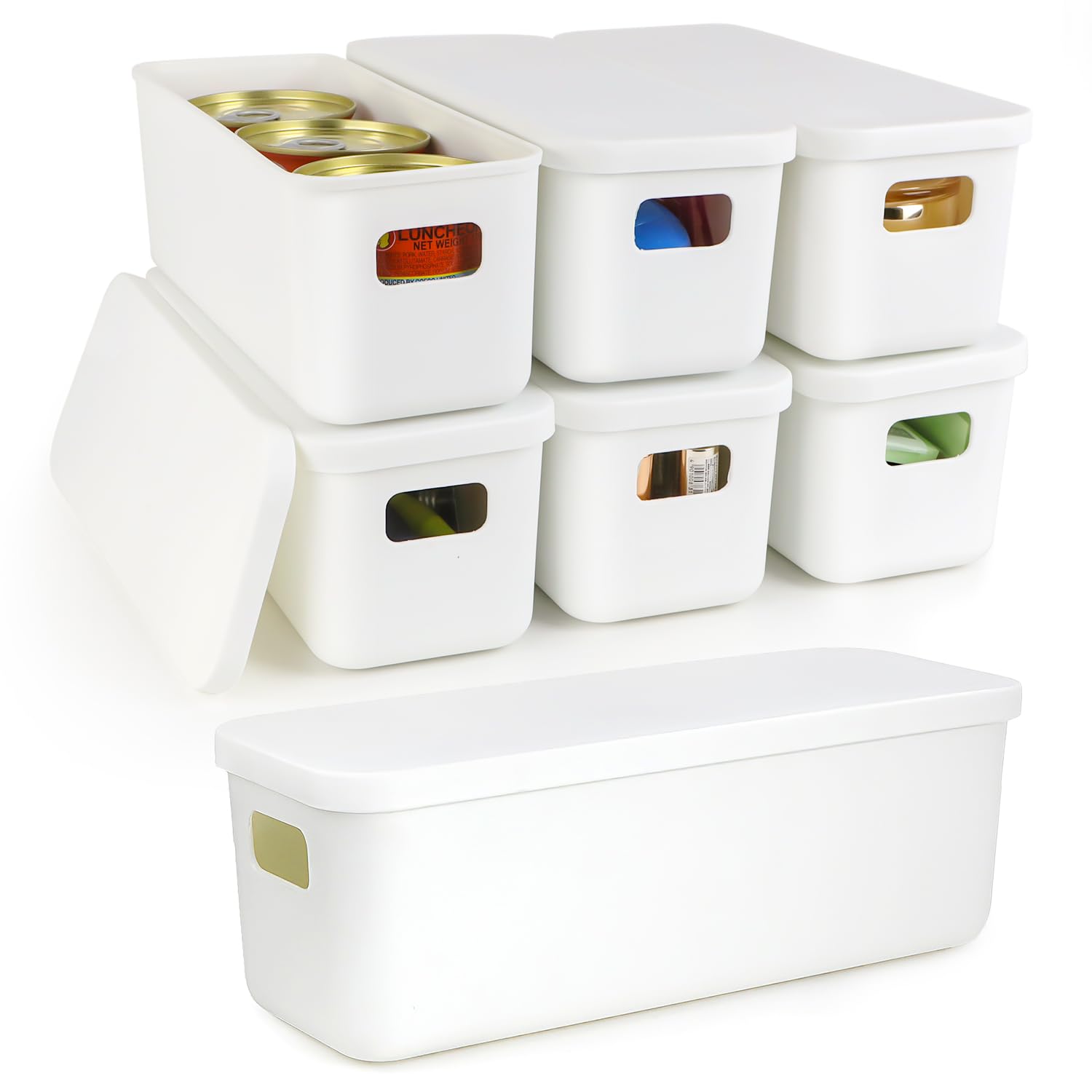 Imatenn White Pack Of 6 Storage Boxes With Lid, Slim, Small, 10 Cm Wide, Plastic, Narrow Boxes, Organiser Boxes, Baskets, Plastic Box For Bathroom, Kitchen, Cupboard