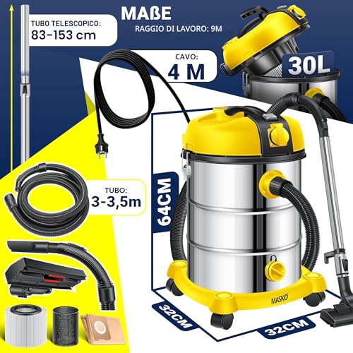 Masko® Aspirapolvere industriale, in acciaio inox, 2300 W + presa di corrente, aspirazione a secco e a umido, funzione di soffiaggio, Push&Clean, con e senza sacchetto, Giallo - 2