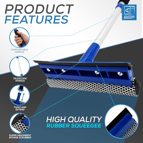 Image of 2 in 1 Telescopic Window Squeegee with Durable Squeegee Blade and Sponge Attachment - Window Cleaning Kit Perfect to Use as Shower Cleaner Squeegee, Window Cleaner & Car Window Squeegee