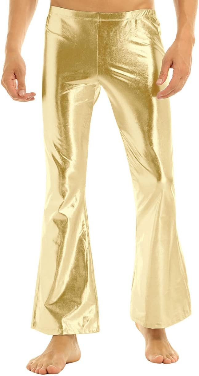 Men's PVC Leather Long Pants 70s Disco Trousers Flared Bell Bottoms Vintage Leggings Tights