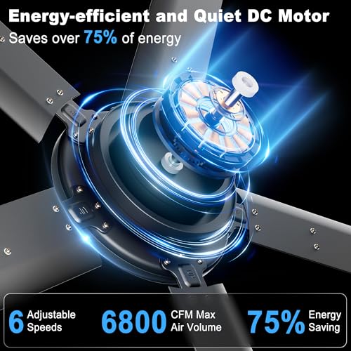 Ohniyou 152 cm Deckenventilator Ohne Licht – Großer Industrieller Deckenventilatoren Mit Fernbedienung & App-Steuerung, 5 Aluminiumflügel, Leiser DC-Motor Für Terrasse, Wohnzimmer, Garage, Schwarz