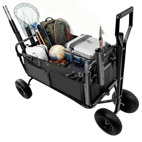 EVGTTI 50in Fishing Cart Fishing Wagon, Foldable Fishing Wagon with Wheels Rubber Balloon Tires, Beach Fishing cart with 6 Rod Holders, 352lb Large Capacity for Picnic
