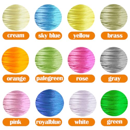 Satin Nylonschnur für Armbänder 1,5 mm, Seidenkordel, seidiges Knotenband, 252 Yard, 12 Farben,Bastelschnur, Nylonschnur für Halsketten, Armbänder, Perlen, Bastelarbeiten Satinkordel für Armbänder