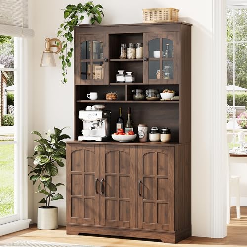 Garvee Pantry Cabinet with Charging Station, Tall Kitchen Pantry Storage Cabinet with Hutch,70.9 Inch Kitchen Cabinet with Glass Doors, for Dining Roo