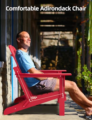 Folding Adirondack Chair - Durable HDPE Poly Lumber All-Weather Resistant, Foldable Oversized Balcony Porch Patio Outdoor Chair for Lawn, Backyard, Deck, Garden, Camping - Easy Installation, Red