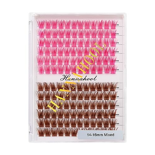 Hannahool 12rows-Large Tray Mixed 8-10-12-14-16mm/Mixed 14-15-16mm/Mixed14mm-16mm/Mixed 18-20mm Wide Stem Individual False Eyelashes Dramatic Black Cluster Eyelashes (T50-rose red -brown-14-16mm)