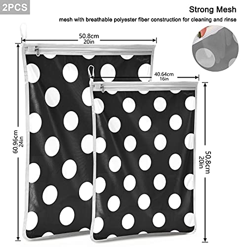 Xigua 2Pcs Polka Dot Mesh Laundry Bags With Hanging Loop, Laundry Zipper Wash Bag For Bra Lingerie Hosiery Underwear Socks, Black & White #TOP2