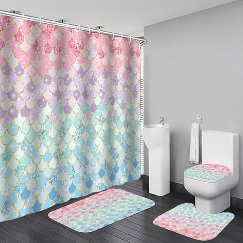 KOKGYM 4Pcs Pink Mermaid Scales Shower Curtain Set with Rugs Sparkly Iridescent Patterns Underwater Ocean Bathroom Decor Machine-Washable Fabric with 12 Pcs Hooks71 x 71in