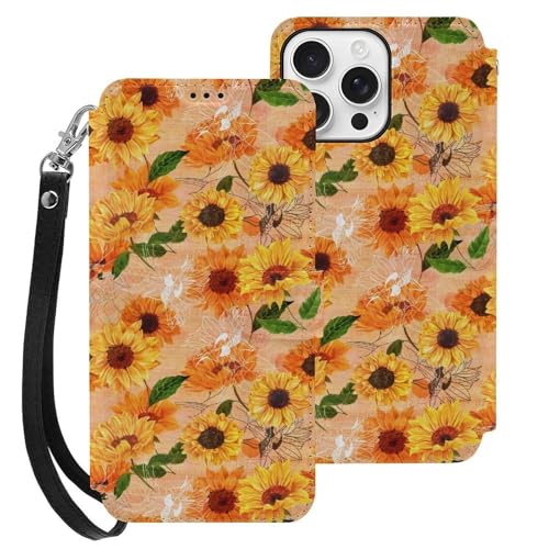 iPhone 16 Pro Max用 ケース 手帳型 レトロ 向日葵 ひまわり 花柄 Iphone16用カバー アイフォン16 用 ケース スマホケース おしゃれ 人気 財布型 PUレザー 携帯カバー カード収納 スタンド機能