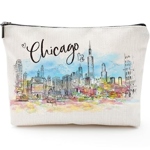 Sitsink Chicago Souvenirs Travel Essentials - Watercolor Chicago City Gifts for Woman, American Souvenirs Gift Makeup Bag for Purse, Travel Essentials Makeup Bags, Homewarming Birthday Gifts