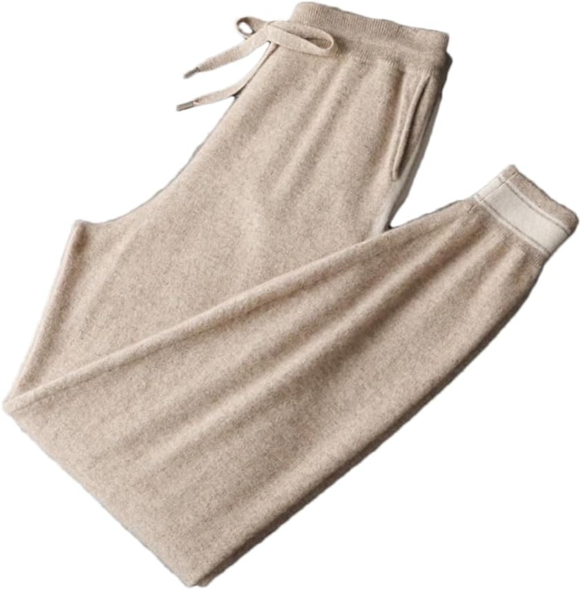 Men’S Cashmere Knit Elastic Waist Pencil Pants Heavyweight Casual High Waist with Pockets Full Length Trousers