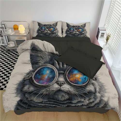 Juego De Ropa Cama 3 Piezas Microfibra Suave, Funda Nórdica para Cama 180 Incluido 1 Funda De Edredón, 2 Fundas Almohada (260 X 240 Cm, Estampado Divertido Gato Gris Retro)