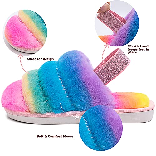 Techcity Kids Fluffy Fuzzy Slippers Open Toe House Home Slippers For Boys And Girls Faux Fur Slides With Strap Little Kids Slip-On Shoes thumb #4