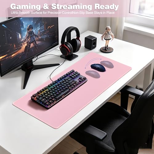 Image of Pink Desk Mat,Large Gaming Mouse Pad 27.5x11.8In(70x30 Pink) | Extended Mouse Pad for Keyboard and Mouse,Non-Slip Rubber Base,Stitched Edges,Smooth Cloth Desk Pad for Gamer /Desktop /Office
