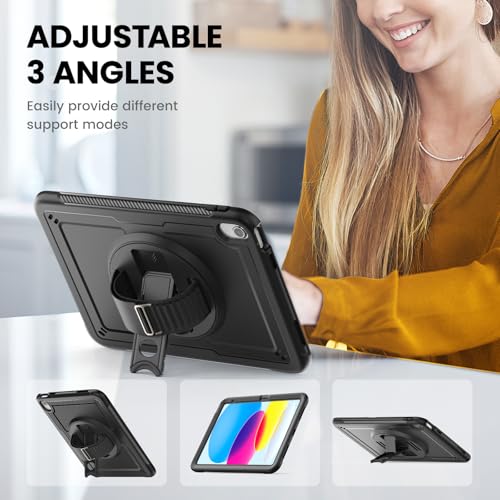 Coque iPad 10ème génération 2022 antichoc noire avec support et dragonne