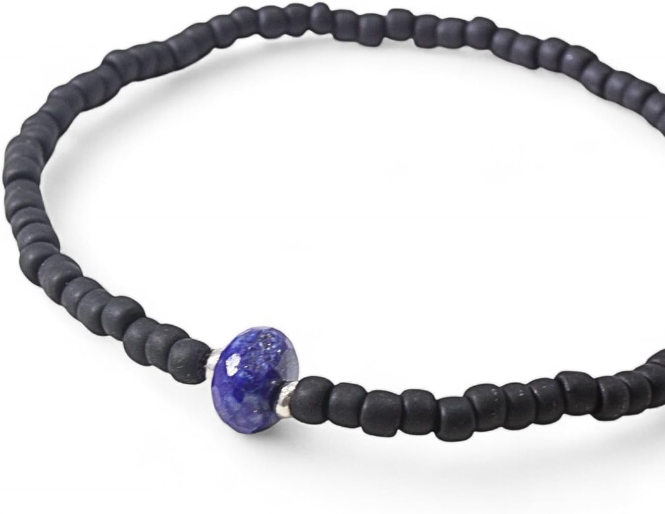 Luck Strings Lapis Lazuli Bead Bracelet with Karen Hill Sterling Silver and Black Matte Toho Beads - Unisex Stretch Jewelry men Women