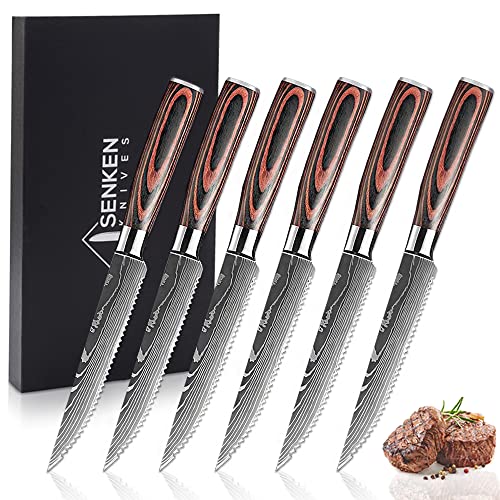 SENKEN Professional Steak Knife Set with Damascus Pattern - Razor Sharp Serrated Stainless Steel & Wood Handle (Steak Knives Set of 6)