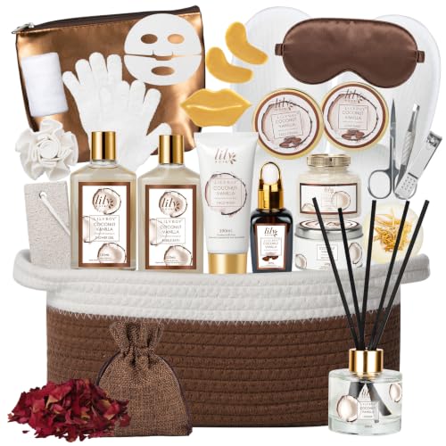 Coconut Vanilla Spa Gift Set, 26Pcs Premium Spa Gift Baskets for Women