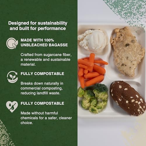 Image of FSE 100% Compostable Paper Plates with 5 Compartments, 8x10 Inch, School Lunch Trays, Heavy Duty Disposable Plates, Eco-Friendly Unbleached Bagasse, Microwave Safe, (Case of 500)