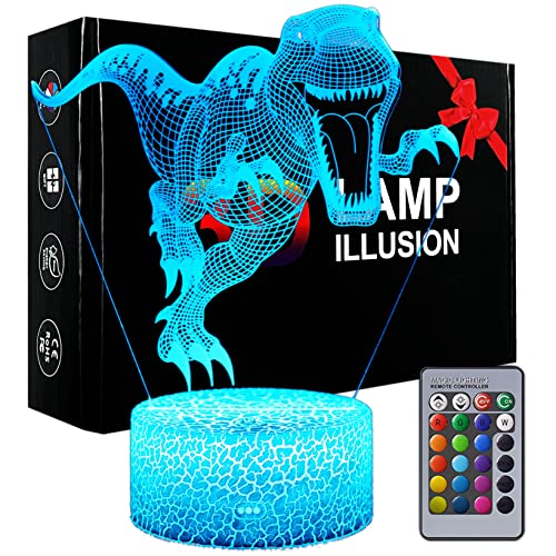 Goodream Dinosaur Toys, 16 Colors 3D Illusion Desk Lamp with Remote Control Night Light for Kids Gifts Bedroom Bedside Decorations