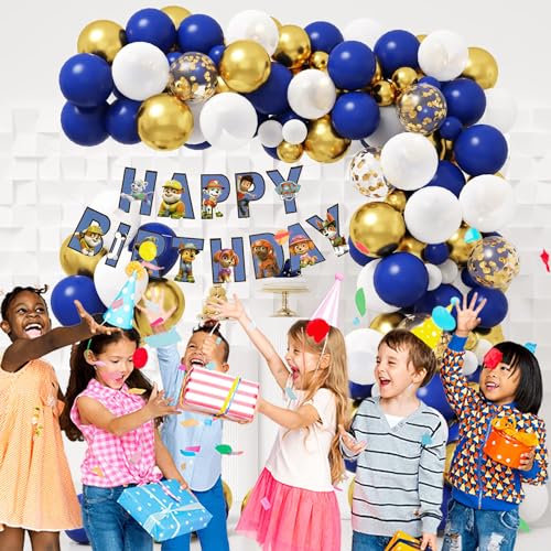Image of Rozi Decoration Paw Patrol Birthday Banner Party Ideas, Puppy Theme banner Hanging Decoration Kit. Suitable for boys and girls children's party decor with Blue White Gold Grland Pack of 67 Pcs