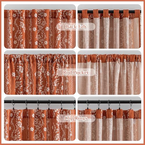 Image of MYSKY HOME Terracotta Boho Floral Linen Curtains 63 Inch Long for Bedroom | Burnt Orange Vintage Farmhouse Curtains for Dining Room Light Filtering Drapes with Tassels Back Tab, 50 inch Wide, 2 Panels