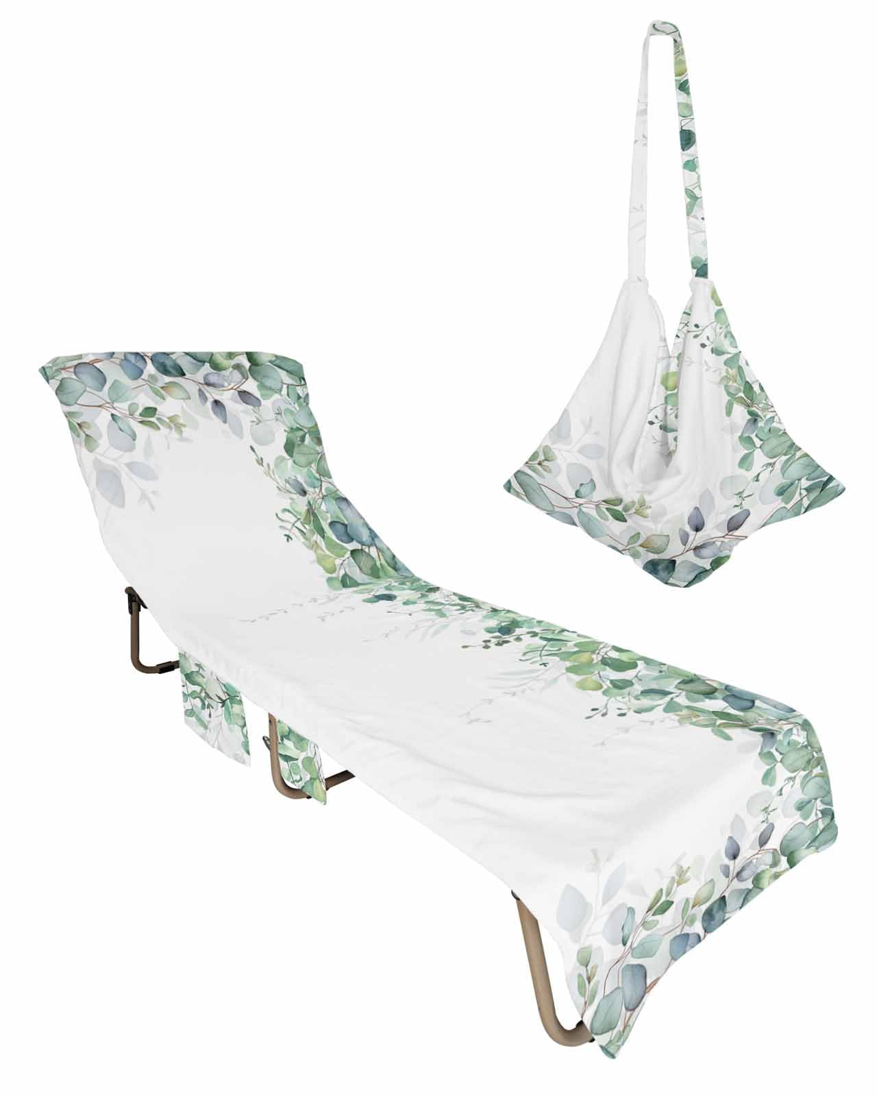 Eucalyptus Leaves Beach Lounge Chair Towel Cover, Soft Chaise Lounge Towel with Side Pockets Patio Pool Chairs Cover for Beach/Pool Sunbathing 29x85 Teal Botanical Summer Spring