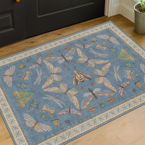 Blue 2x3 Kitchen Rugs Non Slip Washable, 0.25' Low Pile Stain & Fade Resistant, Waterproof Indoor Floor Mat for Entryway, Bathroom, Laundry Room, Boho Insect Floral Decor