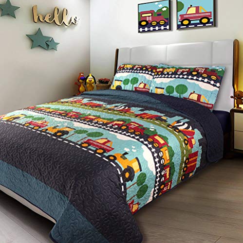 Golden Linens QNavy Blue Aqua Blue, sage Green, Yellow Trains, Trucks & Tractors Kids Teens/Boys Quilt Bedspread/Coverlet # Trucks (28) (Full)