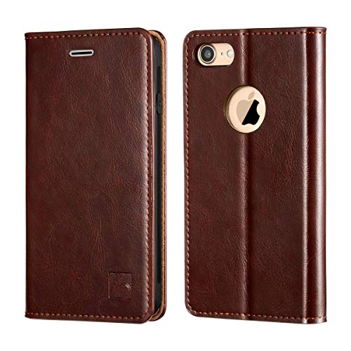 Belemay iPhone 8 Wallet Case, iPhone 8 Case, Genuine Cowhide Leather Flip Case [Slim Fit] Folio Cover [Durable Soft TPU Inner Case] Card Holder Slots, Kickstand, Cash Pocket Compatible iPhone 8, Brown