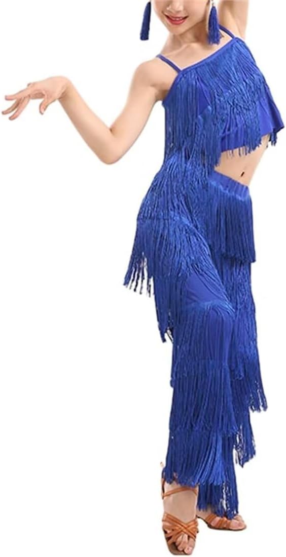 Girls 2 Piece Latin Ballroom Dance Outfits Set Tassel Camisole Fringe Pants Modern Salsa Dancewear