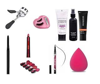 Glowhouse Eyelashes curler,eyelashes,black kajal,sketch eyeliner,Lipstick,Makeup sponge Makeup combo (Set of 9)