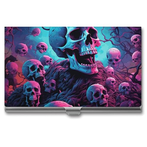 Slim Metal Business Card Holder - Color Skull Pictures Aluminum Alloy Card Case with Buckle Closure, Holds 20 Cards & Cash, Professional Credit Card Size ID Holder for Men Women Gift