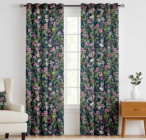 Vargottam 84 Inch Rod Pocket/Back Tab Cotton Curtains for Windows and Doors - Light Filtering Cotton Canvas - Light Filtering Drapes for Doors - Set of 2 Panels, 52"x84" - Bird Design (Green)