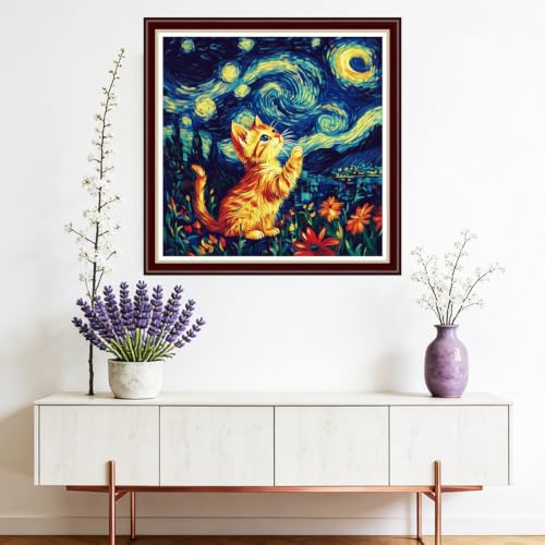 Image of Fanxvivy Stamped Cross Stitch Kits for Beginners Full Range of Cross Stitching Preprinted Embroidery Kits for Adults, 11CT Embroidery Pattern Needlepoint Kits-A cat admires the moon18x18 inchs