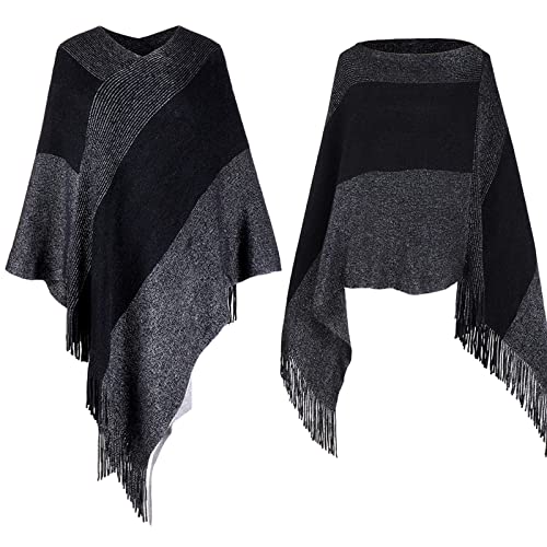 Image of Womens Poncho Sweater V Neck Striped Pullover Soft Scarf Wrap Cape with Fringes